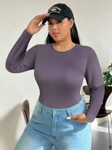 SHEIN EZwear 大码休闲纯色长袖紧身衣 - 紫色 - 查看 5