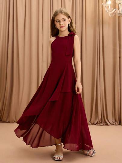 Tween Girls' Round Neck Sleeveless Dress With Bow Collar, Fitted Waist And Layered Hem, Elegant And For Party, Wedding, School, Halloween, Christmas