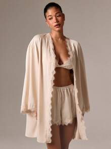 AiiRZ 奢华缎面睡衣套装三件套蕾丝花边文胸短裤睡袍睡衣家居服新娘蜜月内衣睡衣情人节礼物，秋季服装 - 卡其色 - 查看 4