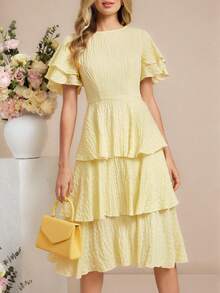 Amorya Women's Solid Color Round Neck Ruffle Hem Elegant Midi Dress - Yellow - View 4