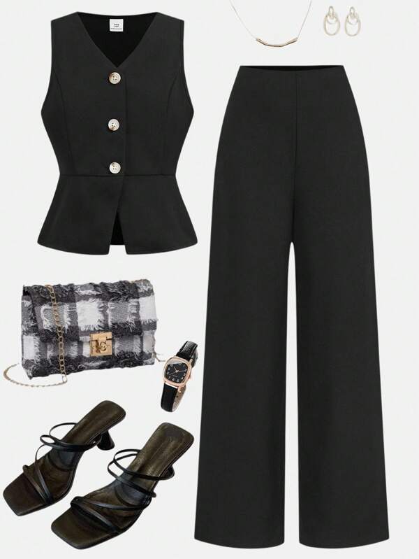 SHEIN Girlism Completo elegante senza maniche per ragazze pre-adolescenti, composto da gilet e pantaloni neri, outfit per pendolarismo estivo, stile "Clean Girl", adatto per il ritorno a scuola