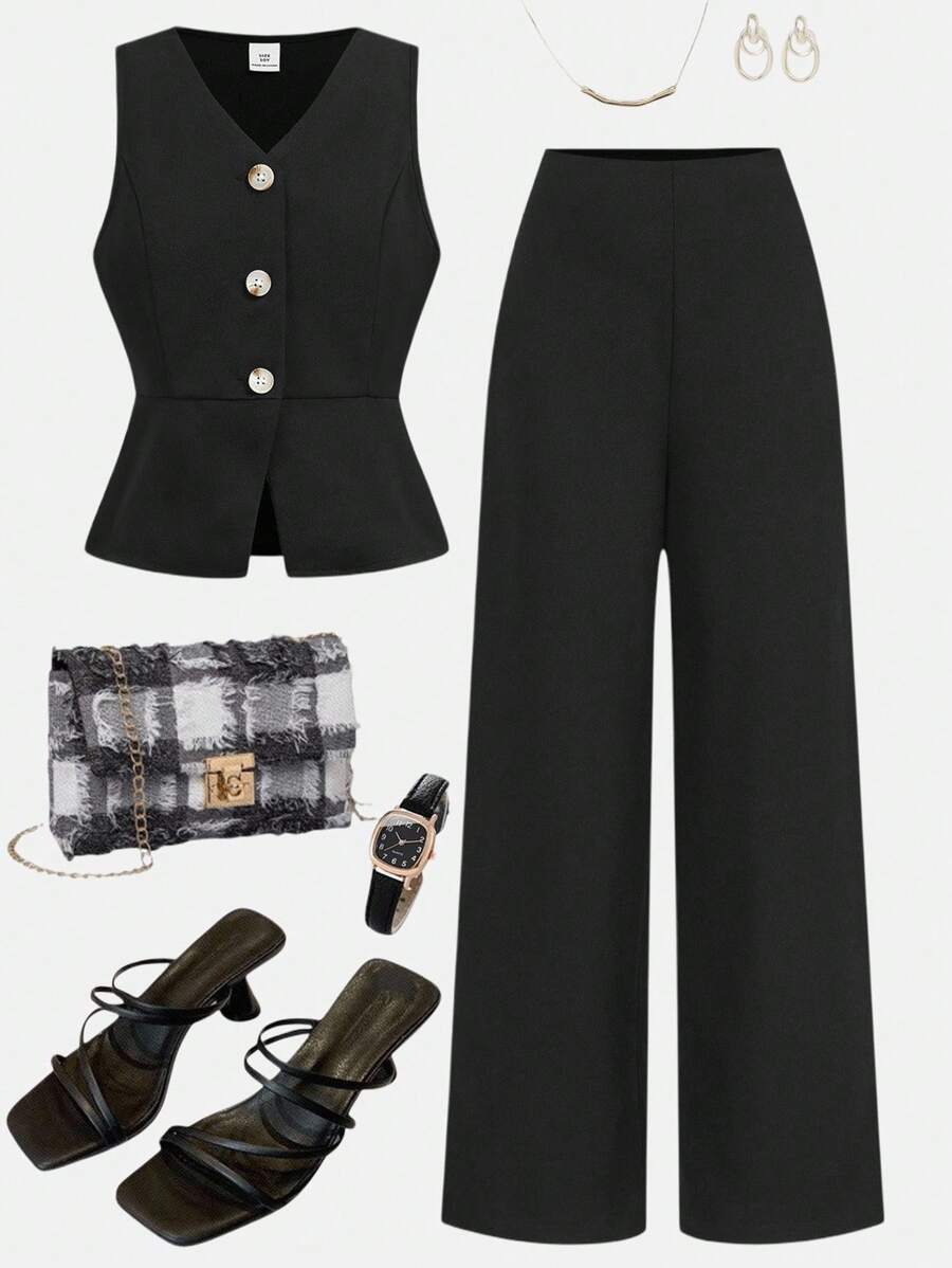 SHEIN Girlism Tween Girls Black Elegant Sleeveless Suit Vest And Pants Set, Commuting Outfit For Summer,Clean Girl, Back To School Season - Black - View 1