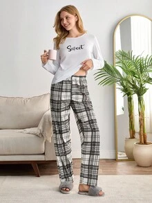 EURMUSE Conjunto de pijama de algodão PLUS CURVE com 2 peças, camisa de manga comprida com letras e calças de dormir xadrez, roupa de dormir para casa
