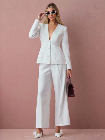 Enchnt Fall/Winter Romantic Women's White V-Neck Single-Breasted Long Sleeve Jacket And Flared Pants Suit,Sweet&Elegant For Vacation&Date&Holiday&Birthday&Party&Graduation&Wedding Guest&Beach,Autumn Outfits For Women,Two Piece Set Women,Fall Clothes