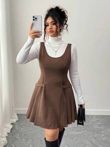 Elenzga Plus Size Women's New Autumn/Winter Fashionable U-Neck Fitted Romantic A-Line Mini Dress - Brown - View 4