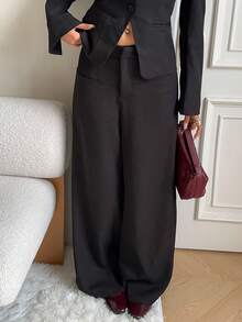 SHEIN EZwear NEW Autumn Clothes Old Money Women's Social Pant Women's Fashionable Black Woven Wide Leg Suit Pants With Pockets