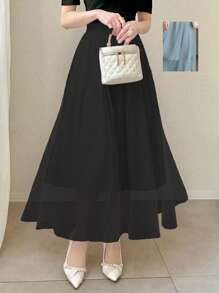 FRIFUL Swiss Dot Elastic Waist A-Line Skirt - Black - View 3