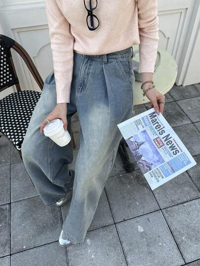 K-Vae 女秋冬浅色复古牛仔蓝渐变牛仔裤，日常休闲宽松阔腿裤，韩版风，圣诞节，万圣节服装，别致秋季