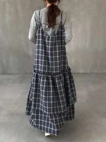 FRIFUL 女士休闲格子下摆荷叶边宽松百搭多层连衣裙，适合秋季