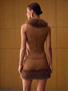 MOTF PREMIUM SUEDETTE CONTRAST FUZZY TRIM SLEEVELESS TOP & SKIRT OUTFITS - Khaki - View 3