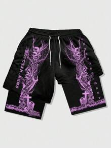 ROMWE MEN Anime Spring/Summer Casual Graphic Men'S Gothic Print 2 In 1 Sports Shorts, Suitable For Everyday Wear, Spring/Summer, Halloween - Black - View 3