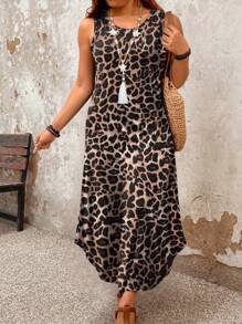 EMERY ROSE Plus Size Leopard Print Sleeveless Dress, Casual Vacation Style - Multicolor - View 4