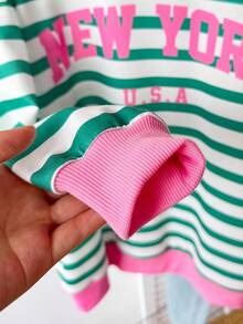 SHEIN Tween Girl Casual Minimalist Printed Pattern Loose Fit Crew Neck Long Sleeve Hoodie Sweatshirt,In Fall/Winter - Green - View 7