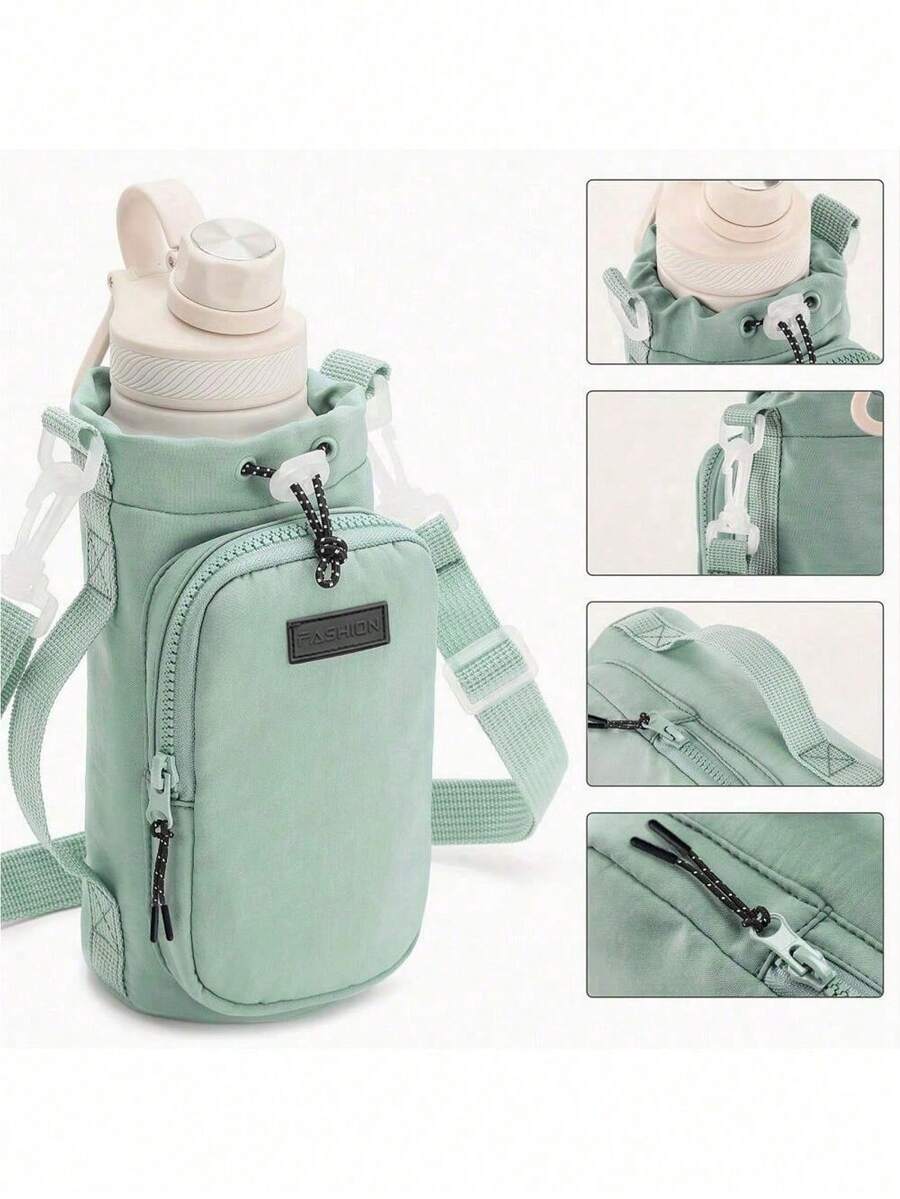 1pc New Style Drawstring Portable Water Cup Messenger Handbag Outdoor Sports Mobile Phone Bag Kettle Cup Mobile Phone Bag, Outdoor Water Bottle Holder Bag, Travel Hiking Camping Bottle Holder, Adjustable Shoulder Strap, Zipper Accessory Pocket