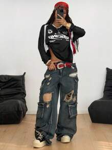 Coolane 女士秋季街头时尚运动装时尚图案撞色黑白长袖针织T恤