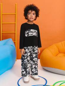 SHEIN Young Boy Casual Printed Round Neck Short Sleeve Top And Long Pants Set Fall Winter - Multicolor - View 3