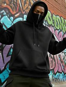 Manfinity Dauomo Men's Autumn/Winter Balaclava Half Face Cover Pullover Hoodie, Streetwear All-Match Versatile Hooded Sweatshirt - Black - View 1