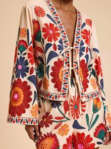 Travachic 2 件女士度假花卉印花宽松长袖衬衫和高腰宽松短裤套装