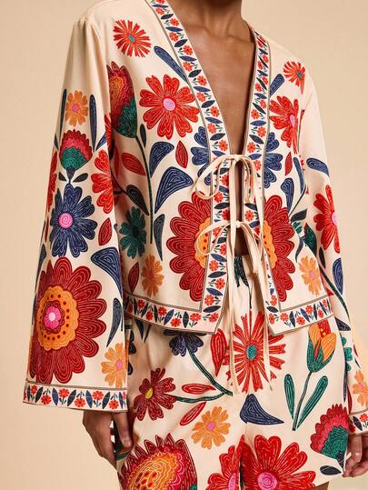 Travachic 2pcs Women Vacation Floral Print Loose Long Sleeve Shirt & High Waist Loose Shorts Set Boho Tops For Women Boho Blouses Resort Outfits For Women Floral Boho Top,Casual Woman Style, Fall Outfits For Women, Chic Autumn,Going Out Outfit,Elegant Outfits,Country Style For Women, Christmas Party, New Year, Wedding Guest Outfits, Elegant Graduation, Luxury Prom Outfits, Flower Blouses For Women