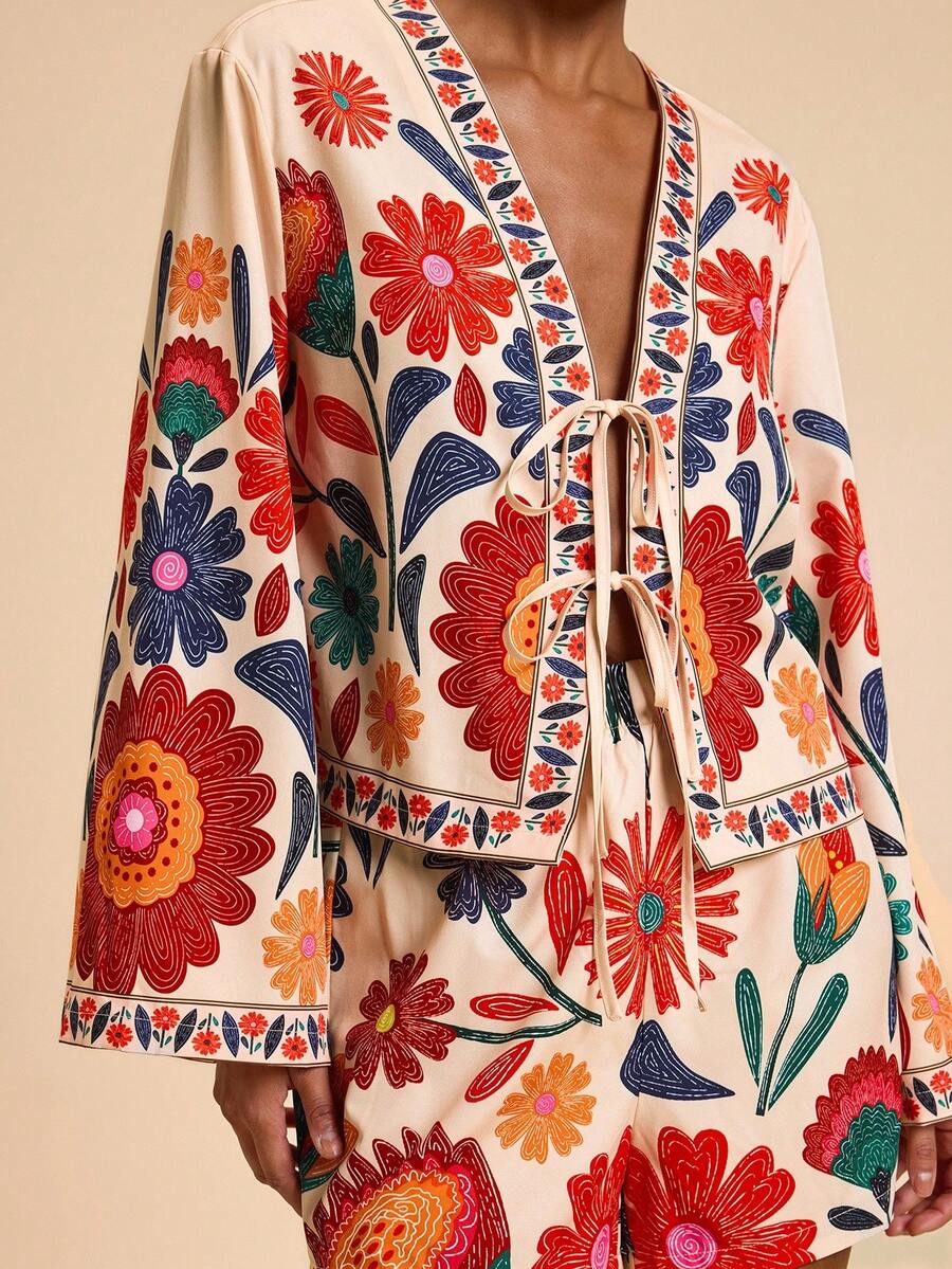 Travachic 2 件女士度假花卉印花宽松长袖衬衫和高腰宽松短裤套装