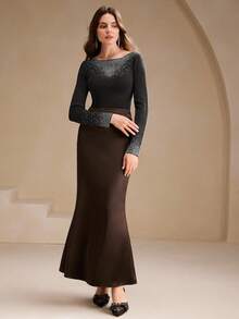 Anewsta Elegant French Style Dignified Demeanor Embellished With Rhinestones Off Shoulder Wool Sweater, Autumn/Winter - Black - View 6