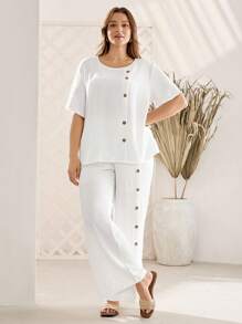 EMERY ROSE 白色两件套女士加大码夏季休闲简约风格纯色短袖圆领衬衫和裤子套装，女士夏季服装，女士度假服装，休闲日常穿着 - 白色 - 查看 6