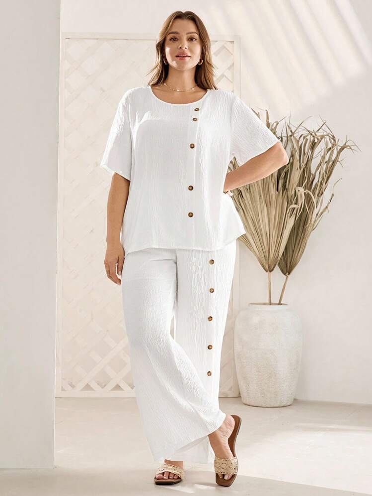 EMERY ROSE 白色两件套女士加大码夏季休闲简约风格纯色短袖圆领衬衫和裤子套装，女士夏季服装，女士度假服装，休闲日常穿着 - 白色 - 查看 6