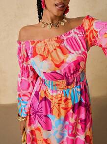 SHEIN VCAY 大码女式热带花卉印花单肩长袖喇叭前开衩长裙 - 彩色 - 查看 7