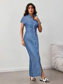 SHEIN Lady 女式蝙蝠袖单排扣褶皱休闲牛仔连衣裙 - 淺色水洗藍 - 查看 3