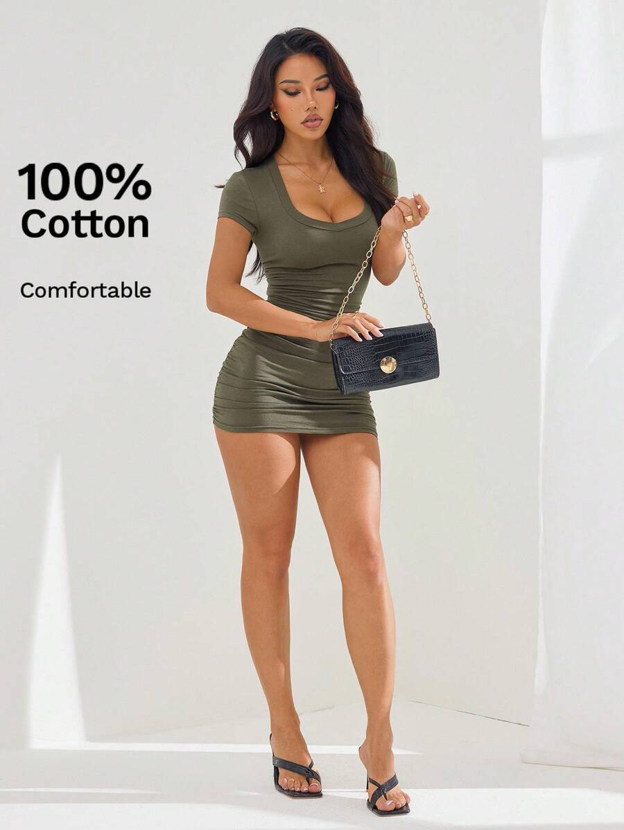 SHEIN PETITE 夏季连衣裙纯色褶皱紧身连衣裙 - 軍綠色 - 查看 1