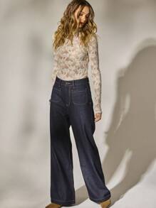 Aralina Summer Fall Winter Y2K Western Stockholm Style Indigo Denim Patch Pocket Flare Leg Country Concert Jeans - Dark Wash - View 8