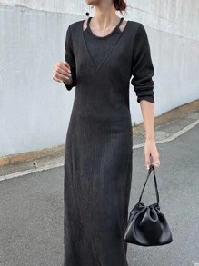 FRIFUL Women's Casual Commuter Solid Color Dress Long Sleeve Dress Ribbed Dress Knit Dress Women Dress Jumper Dress