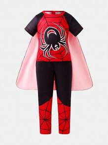 SHEIN 2pcs/Set Young Boy Spider Cosplay, Including Short Sleeve Jumpsuit And Cape, Suitable For Cosplay Performance, Events And Activities Chic For Autumn/Winter Fall