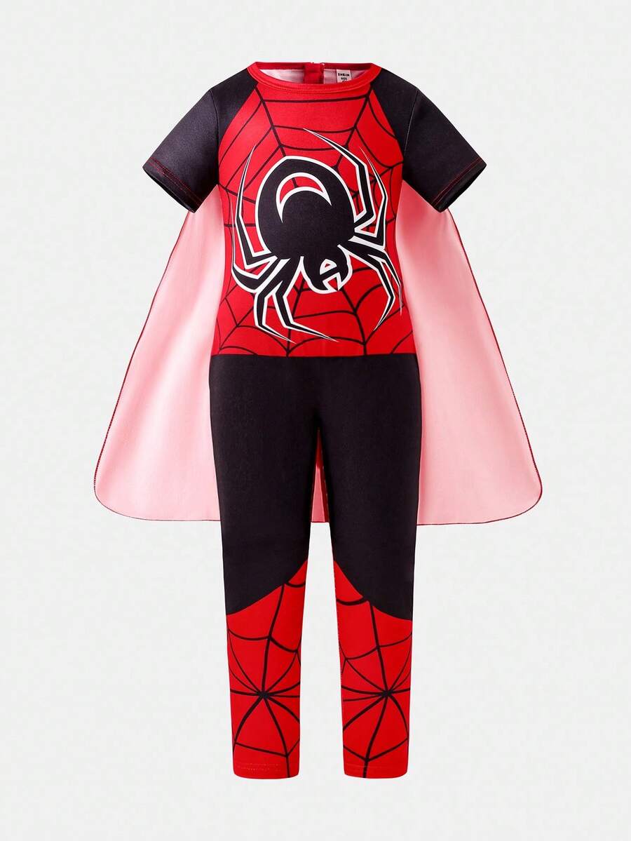 SHEIN 2pcs/Set Young Boy Spider Cosplay, Including Short Sleeve Jumpsuit And Cape, Suitable For Cosplay Performance, Events And Activities Chic For Autumn/Winter Fall