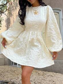 SHEIN Frenchy 女士优雅提花长袖迷你连衣裙 - 杏色 - 查看 4