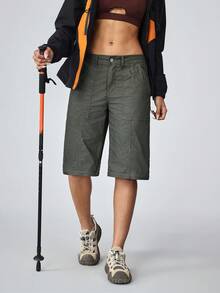 女式休闲低腰直筒可拆卸牛仔裤 - 軍綠色 - 查看 7