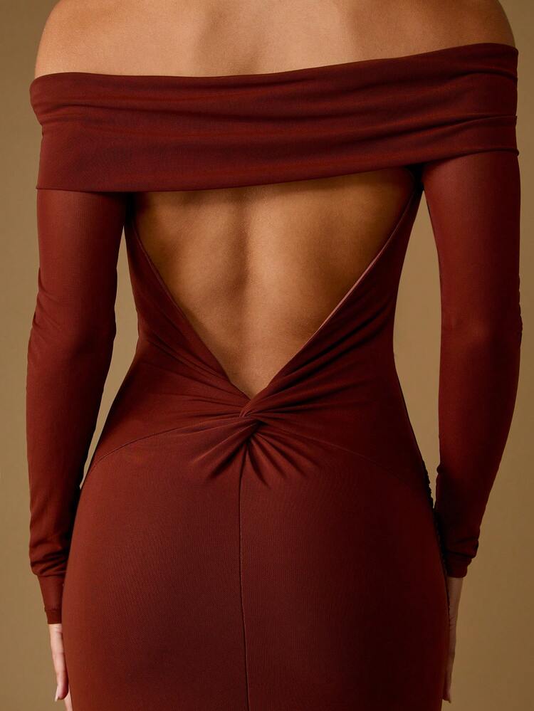 MISSGUIDED Robe de soirée longue moulante à épaules dénudées, manches longues. Robe de cérémonie élégante pour mariage, fête, avec taille empire. Robe de cocktail longueur plancher pour invité de mariage, vacances