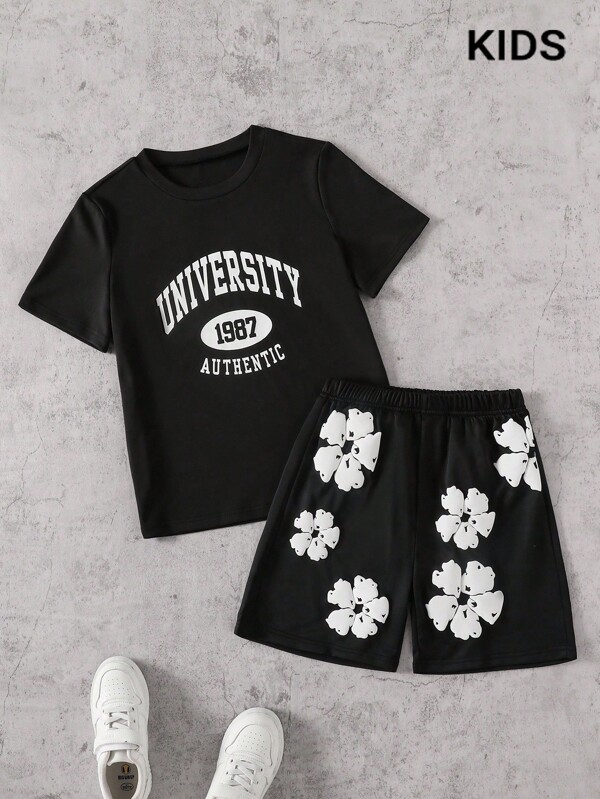 SHEIN Explorewe 2 Teile Outfit für größere Jungen Vintage Buchstaben Muster schwarzes lässiges Kurzarm T-Shirt + weite Floral Muster Zugband Sport Shorts, Sommer Set
