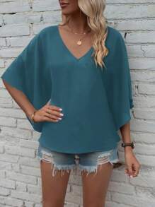 EMERY ROSE Damen Einfarbiges V-Ausschnitt Fledermausärmel Locker Lässig Hemd