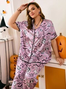 Chillnights Plus Size Halloween Element Printed Mock Neck Loungewear Pajama Set - Pink - View 9