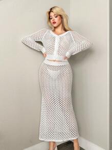 Sweetina 2pcs Fall Women's White Sheer Long Sleeve Sexy Knit Sweaters Solid Color Hollow Out Raglan Sleeve Single-Breasted Knitted Cardigan And Fitted Knitted Skirt 2 Pieces Set - Beige - View 7
