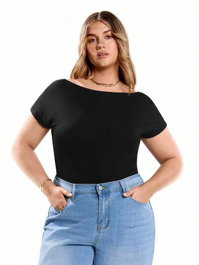 Solavibe 女士加大尺碼黑色針織皮膚友好、舒適日常通用休閒運動性感露背短袖純色不可拆卸加墊方便連體T恤服，夏季