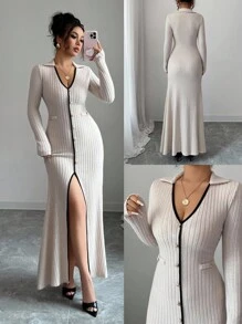 Elenzga Vestido maxi de manga larga con cuello en V acanalado, con botones de metal color rosa, ajustado y elegante con dobladillo de cola de pez, para mujer, nuevo para otoño/invierno, cómodo y suave