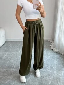 EMERY ROSE Elegant High Waist Elastic Drawstring Loose Relaxed Fit Women Pants Fall Cloth For Women - Army Green - View 5