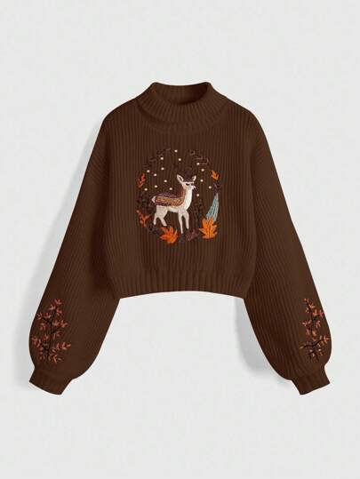 Fairycore Women's Deer Embroidery Turtleneck Dropped Shoulder Long Sleeve Casual Loose Sweater