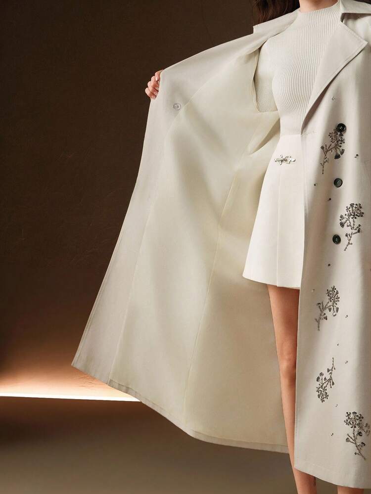 Women's Autumn/Winter Long Vintage Almond Gray 3D Beaded Embroidery Double-Breasted Cinched Waist Trench Coat