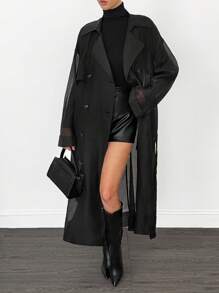 SHEIN Tall 2025 新款女式透明欧根纱长袖系带风衣夹克，简约时尚休闲日常穿着，优雅外套，适合春夏季，秋冬季情人节黑色罩衫透明外套 - 黑色 - 查看 8