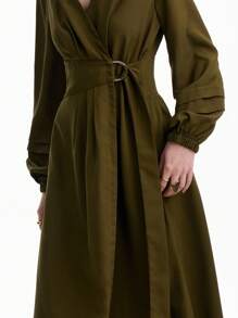 Aalyst Olivgrüner modischer minimalistischer D-Schnallen Gürtel Dekor Design, Damen Lässig Pendler Kleid - Armeegrün - Übersicht 4