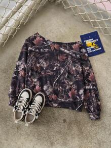 Discovery X SHEIN Women's Casual Fashion Street Dinosaur Skeleton & Maple Leaf Print Asymmetrical Neck Loose Sweatshirt, Spring/Autumn - Multicolor - View 2