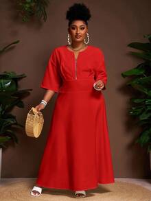 Veslaya 2025 Spring & Summer New Arrival, Daily Casual & Elegant Commute & Vacation, Solid White Loose Short Sleeve V-Neck Half Zip Drawstring Waist Flared Maxi Shirt Dress, Plus Size - Z